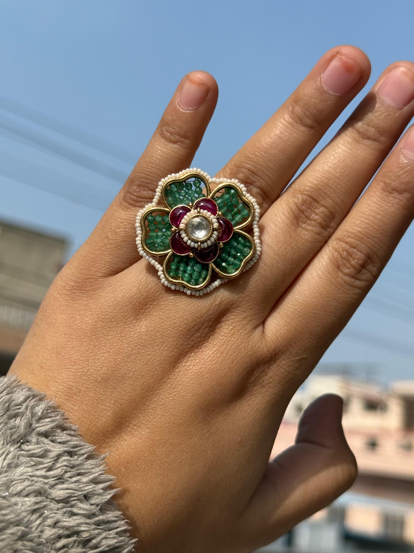 Beading With Kundan Floral Heritage Ring for woman