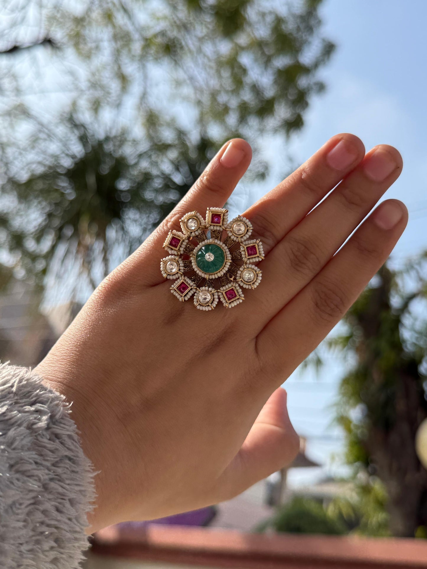 Floral Pearl With Kundan Heritage Ring for woman