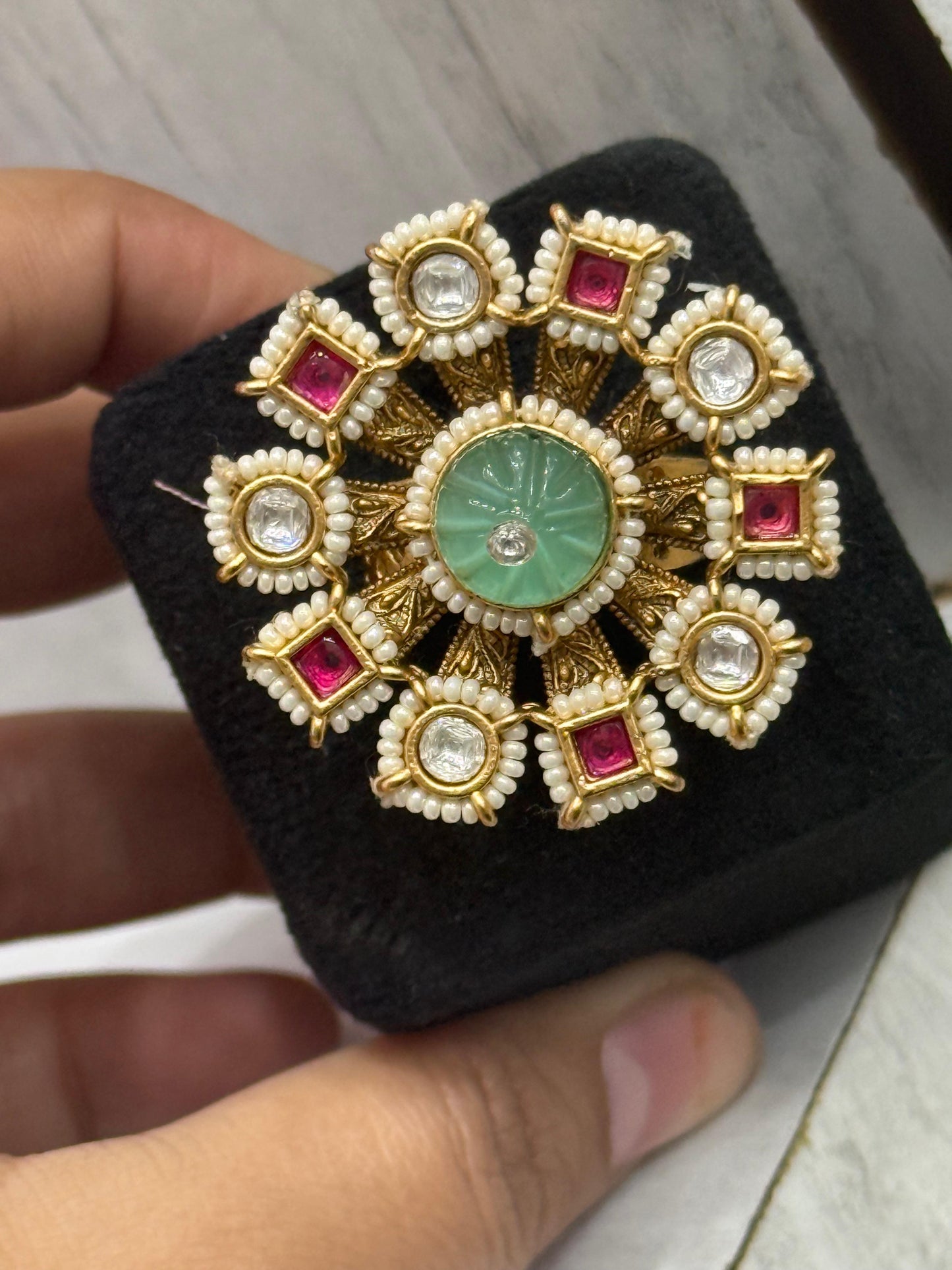 Floral Pearl With Kundan Heritage Ring for woman