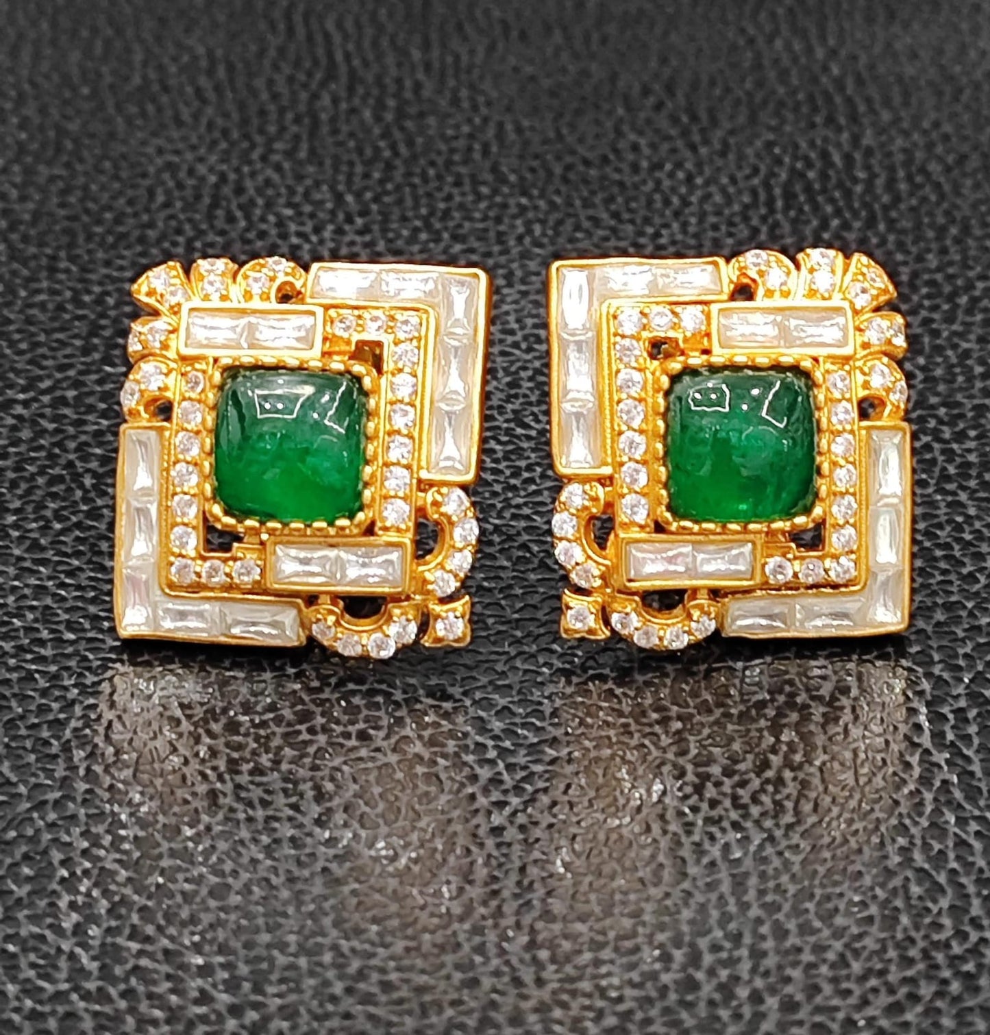 Square With CZ And Pota Stone Stud for woman