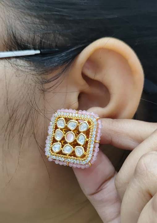 Square Mossanite With Beading Studs in pink for woman