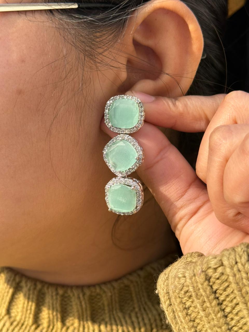 Mint colour Turquoise Triple Stone Drop Earrings