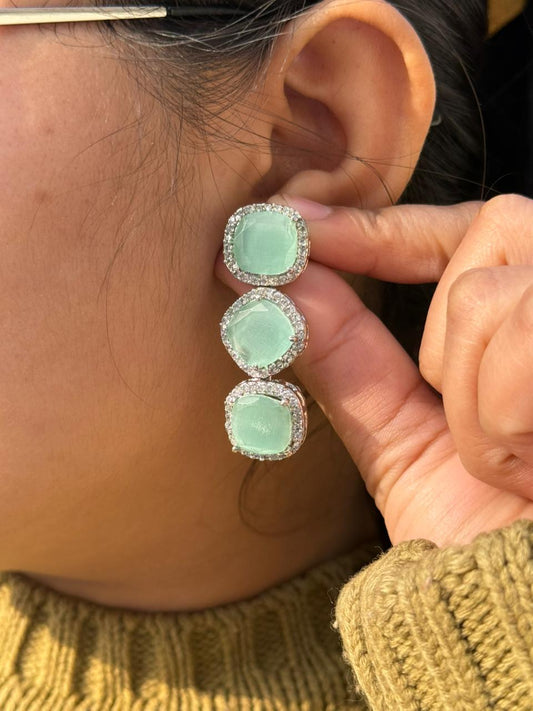 Mint colour Turquoise Triple Stone Drop Earrings