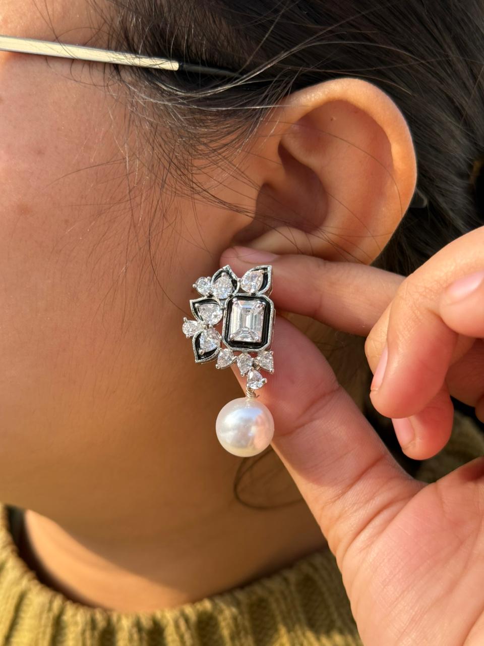 Solitaire With cz Hanging Pearl Earring for woman