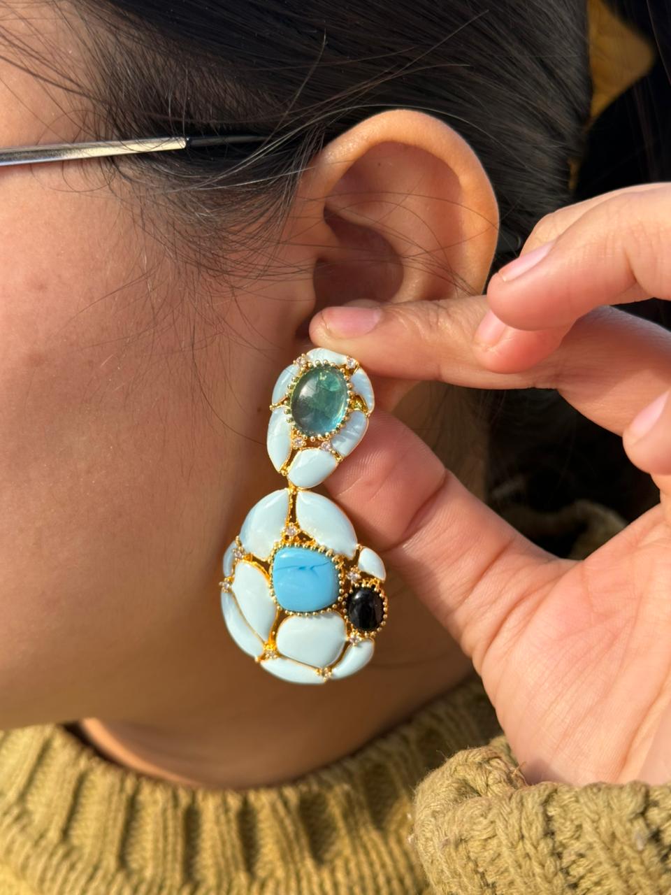 Enamel Stone With CZ Earring for woman