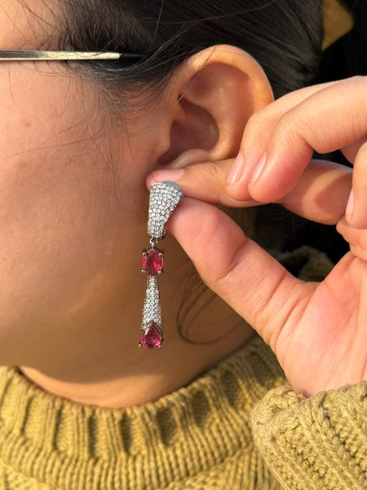 Red Gemstone Drop Earrings with CZ Pave