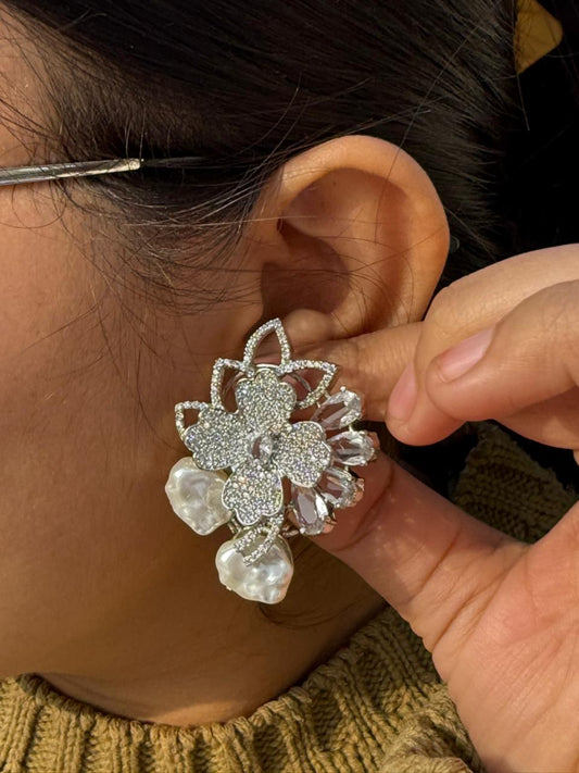 Trendy CZ Floral With Pearl Earring for woman