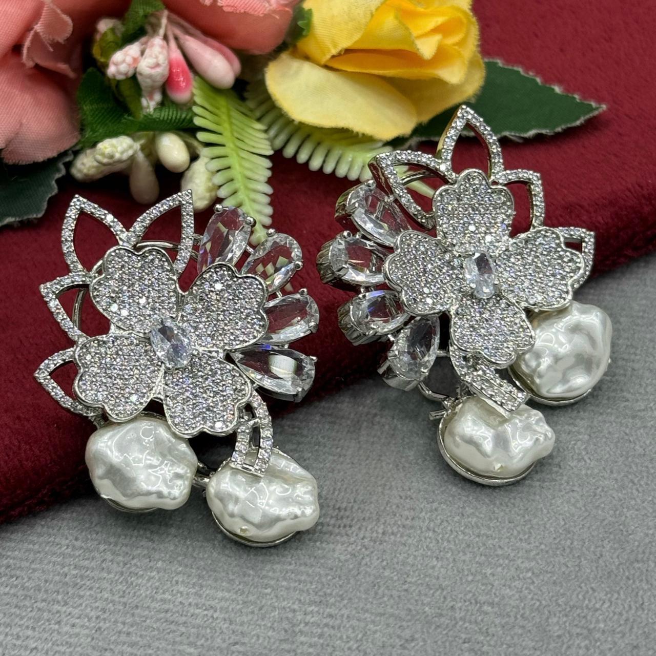 Trendy CZ Floral With Pearl Earring for woman