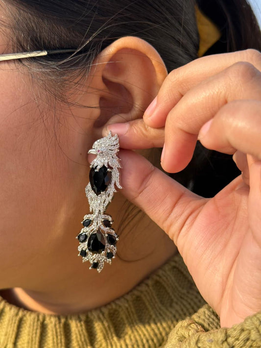 Elegant Peacock Inspired Drop Earrings with Black Stones