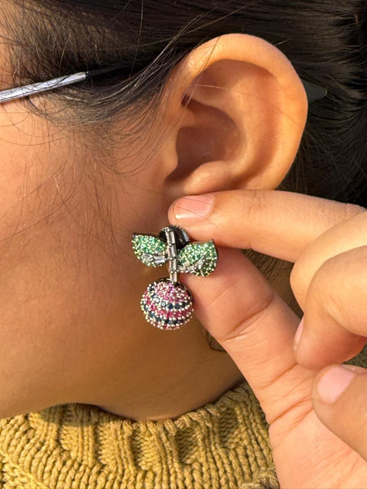 Cherry With Leaf In Invisible Setting Earring for woman