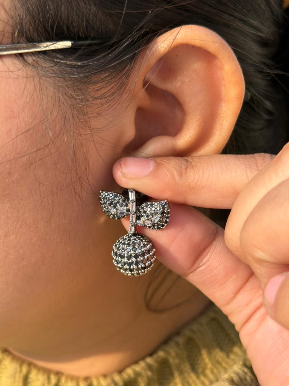 Black Crystal Ball & Leaf Drop Earrings