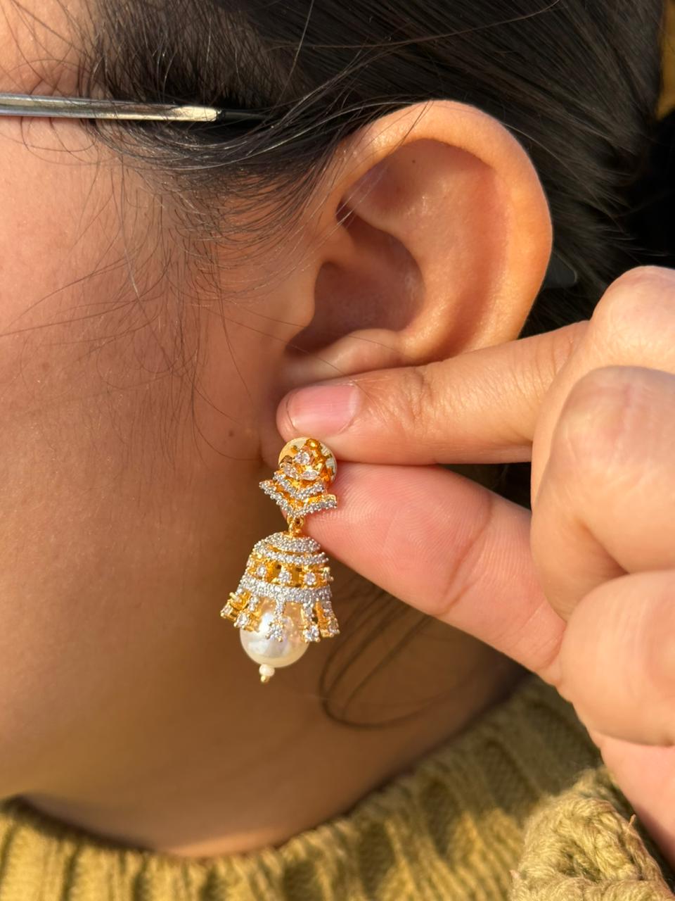 Golden Polish With CZ And Pearl Jhumki for woman