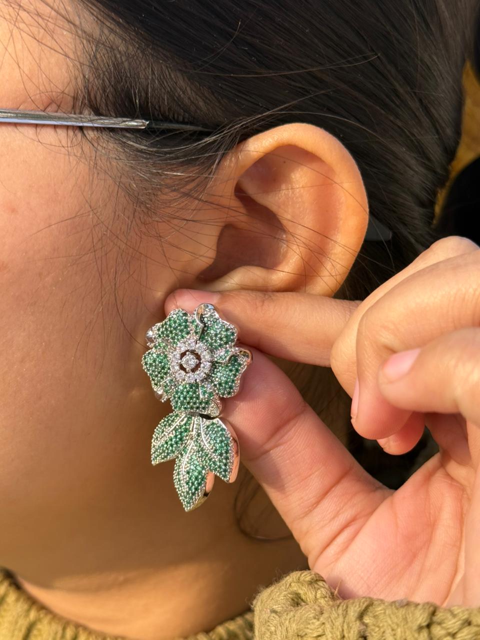Green Crystal Floral Leaf Earrings for women