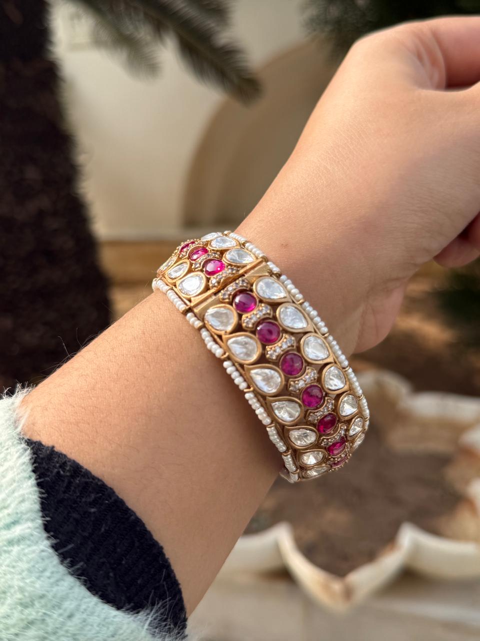 Broad Mossanite With Pota Stones Kada for woman