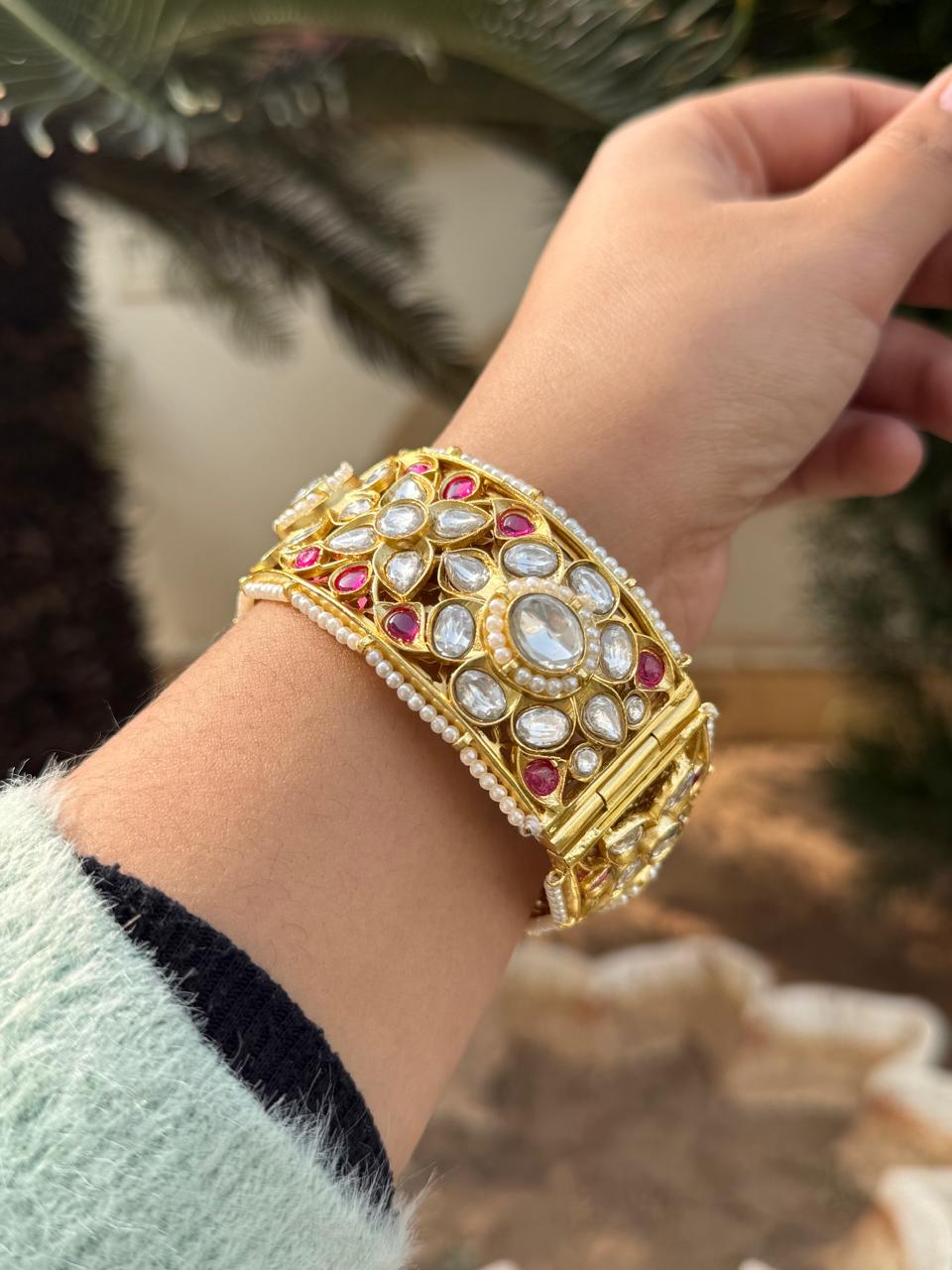 Paachi Kundan With Mossanites Broad Kada for woman