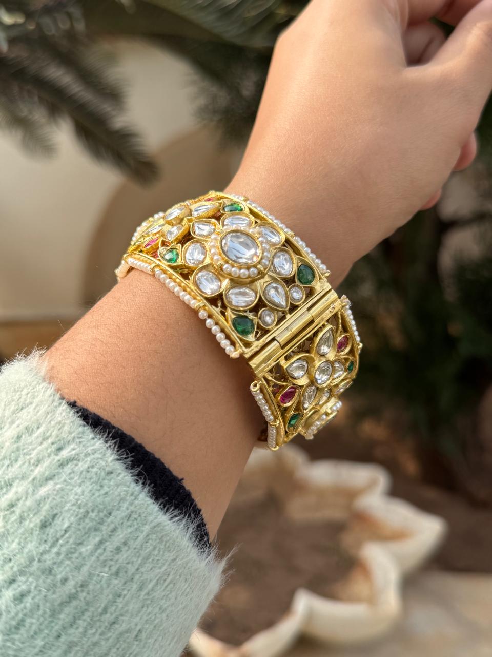 Paachi Kundan With Mossanites Broad Kada for woman