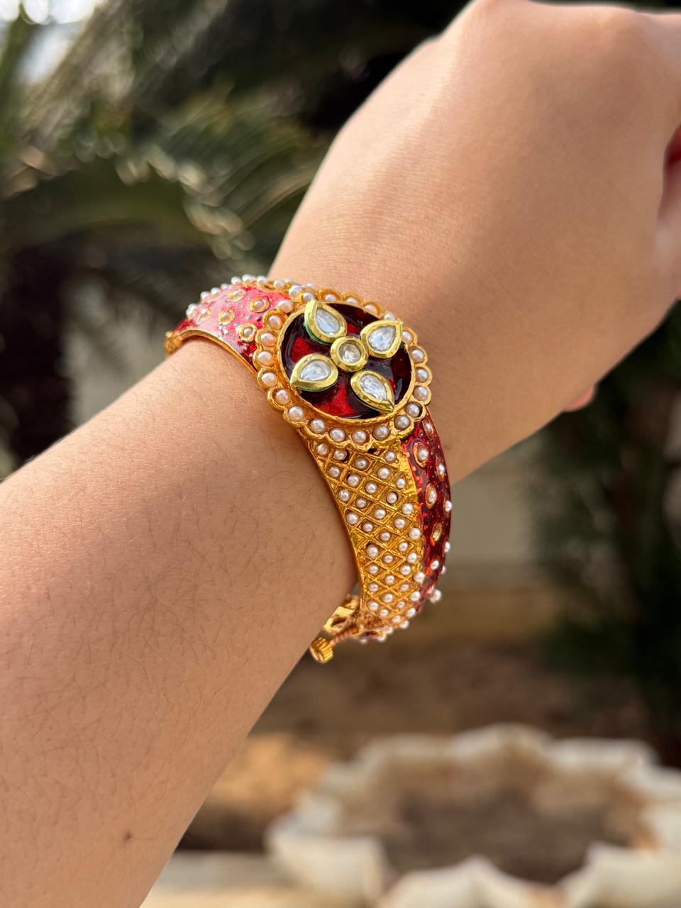 Pearl With Kundan Bracelet in red for woman