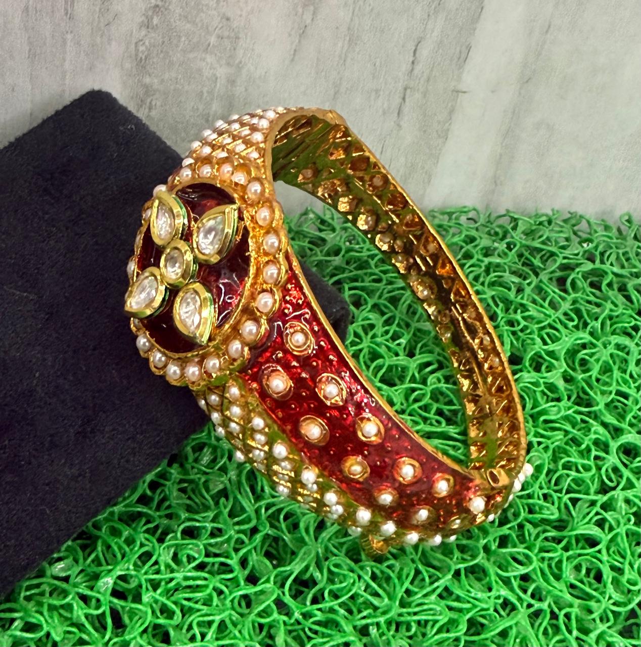 Pearl With Kundan Bracelet in red for woman