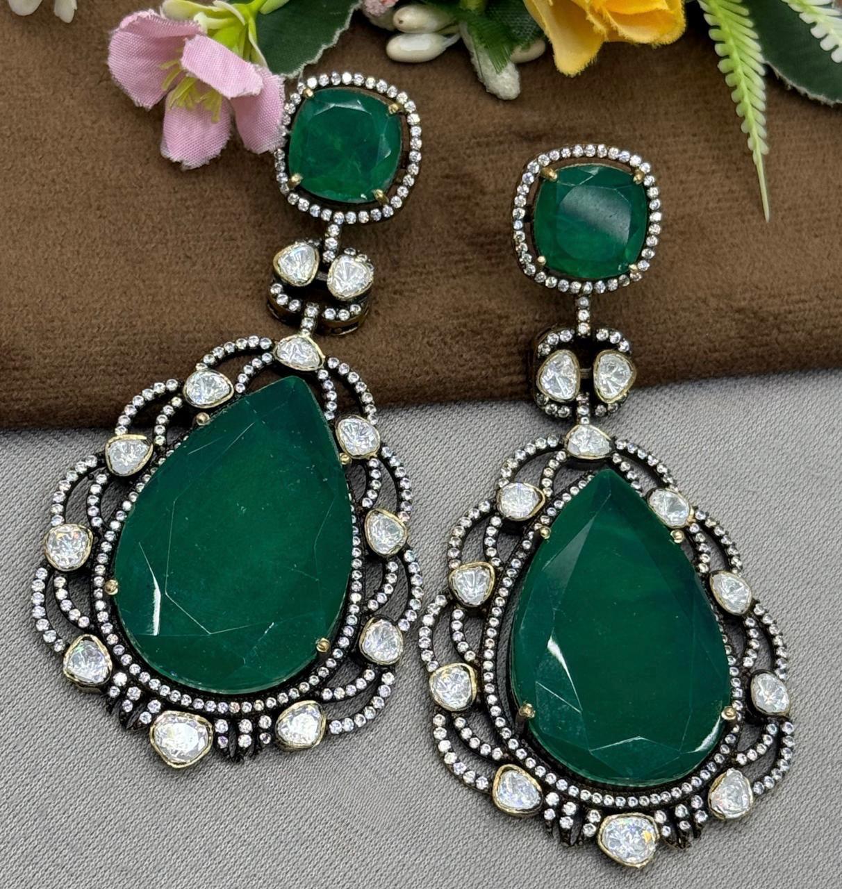 Victorian Polish Doublets Long Earrings in green for woman