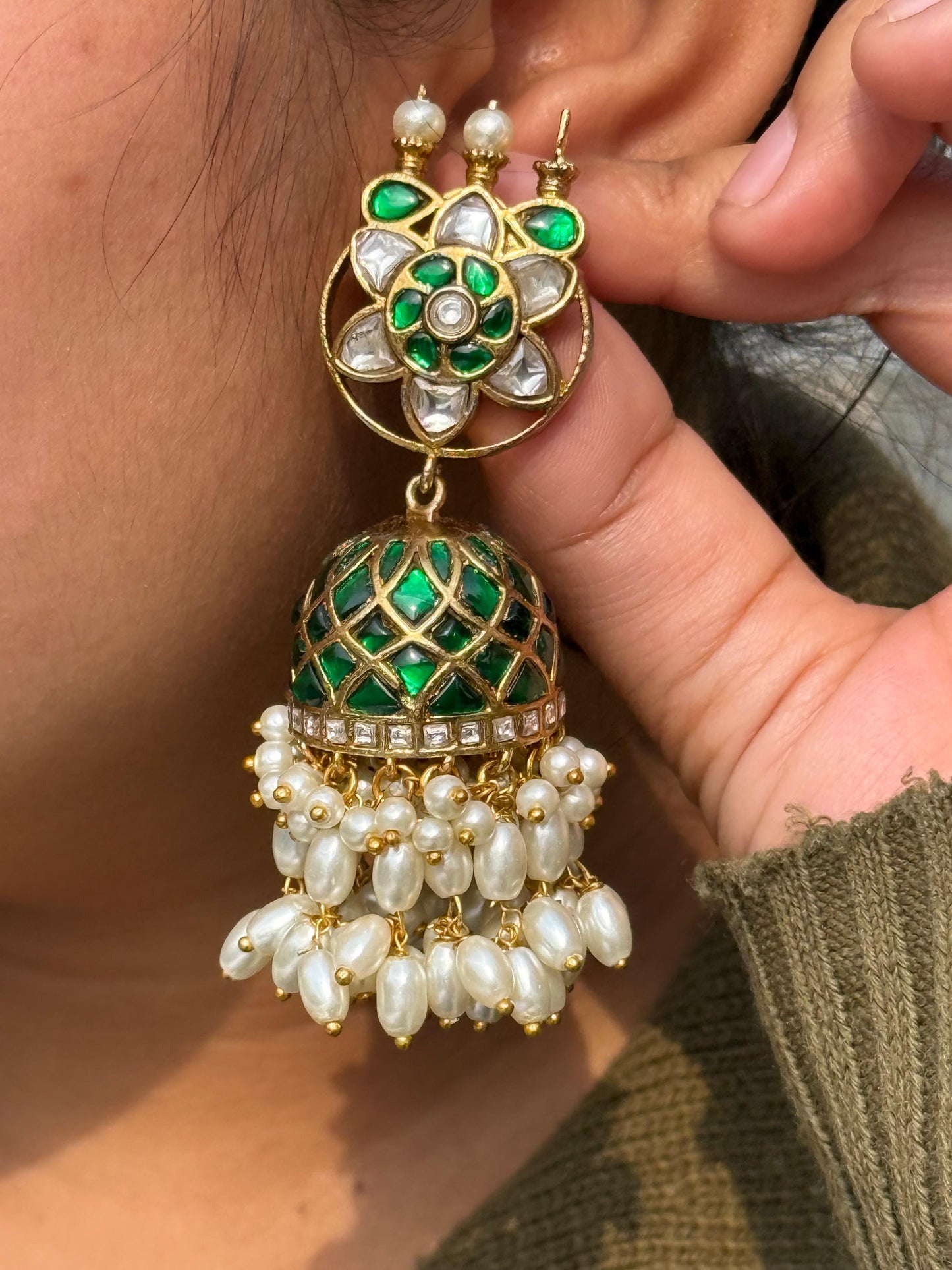 Green Gold Plated Jadau Jhumka