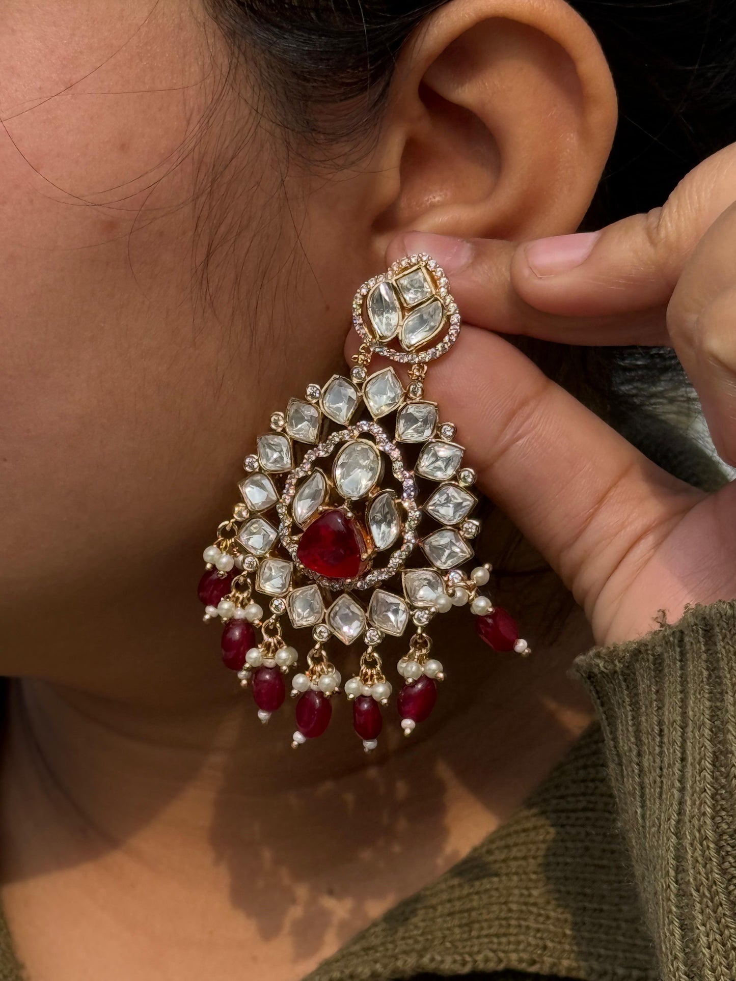 Sahiba Red Stone Kundan Earrings