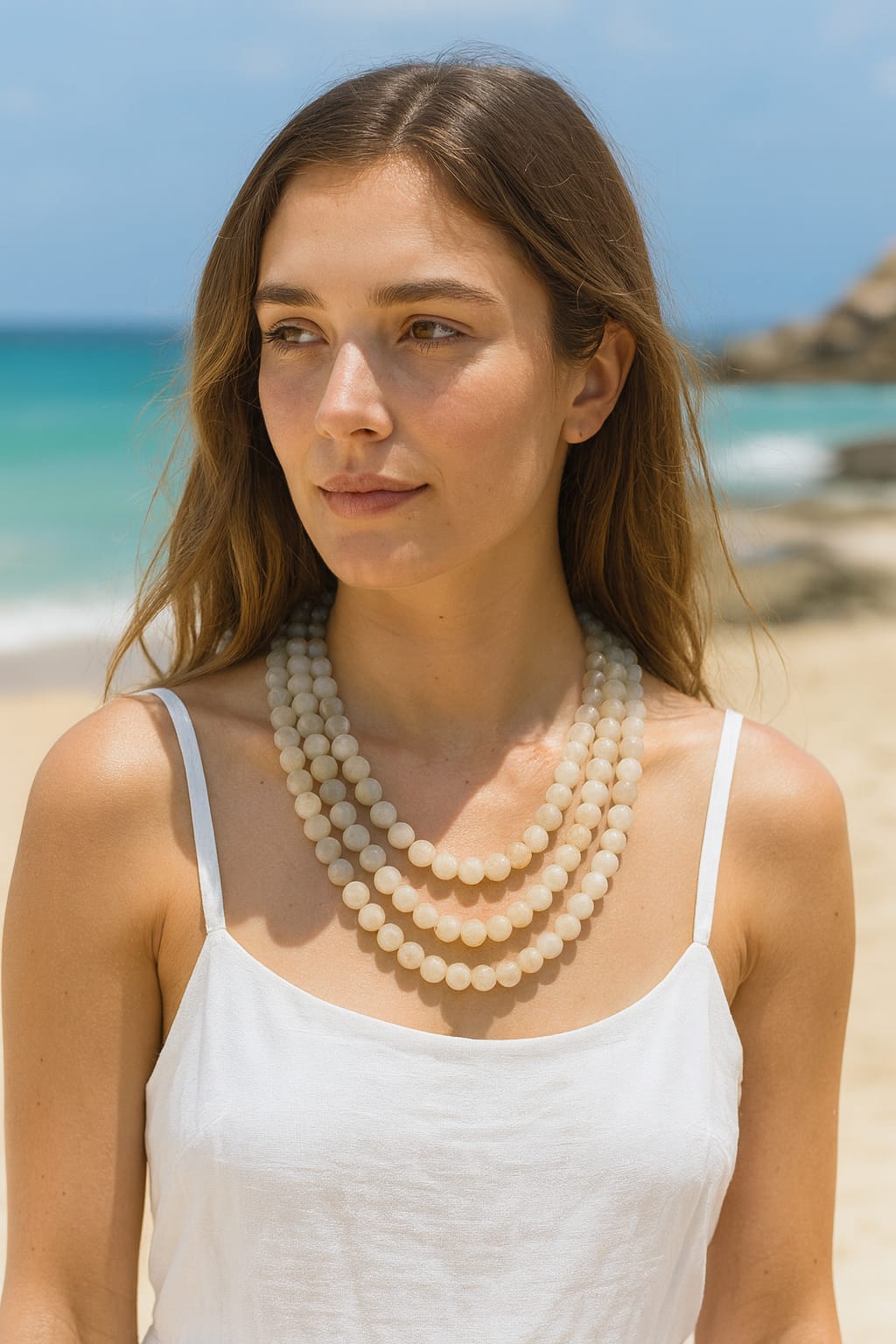 WHITE COLOUR ONYX BEADS THREE MALA FOR WOMEN
