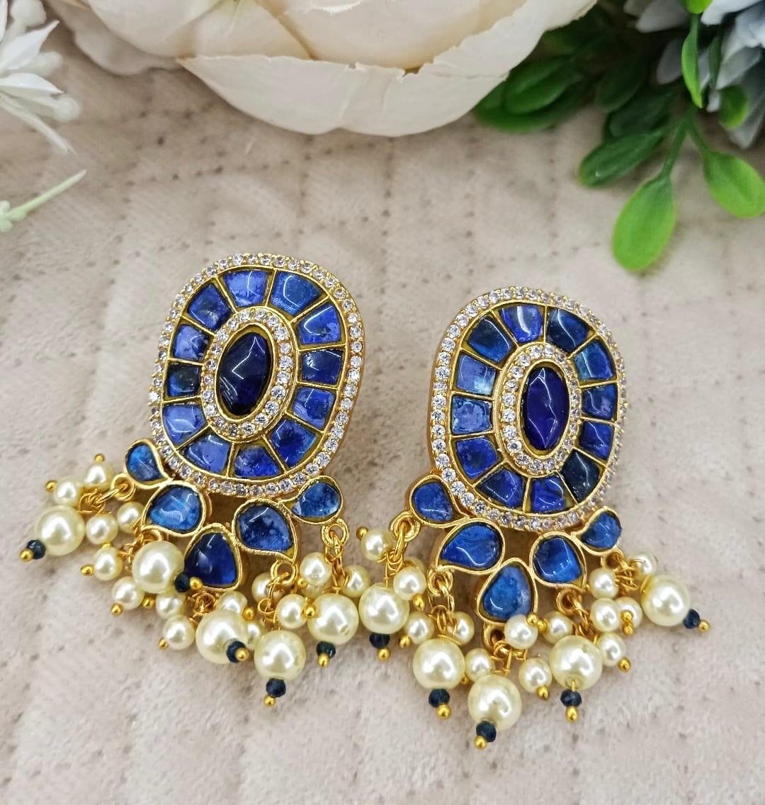 Blue Gold Plated Jadau Earrings