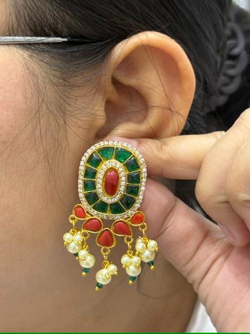 Coral Green Gold Plated Jadau Earrings