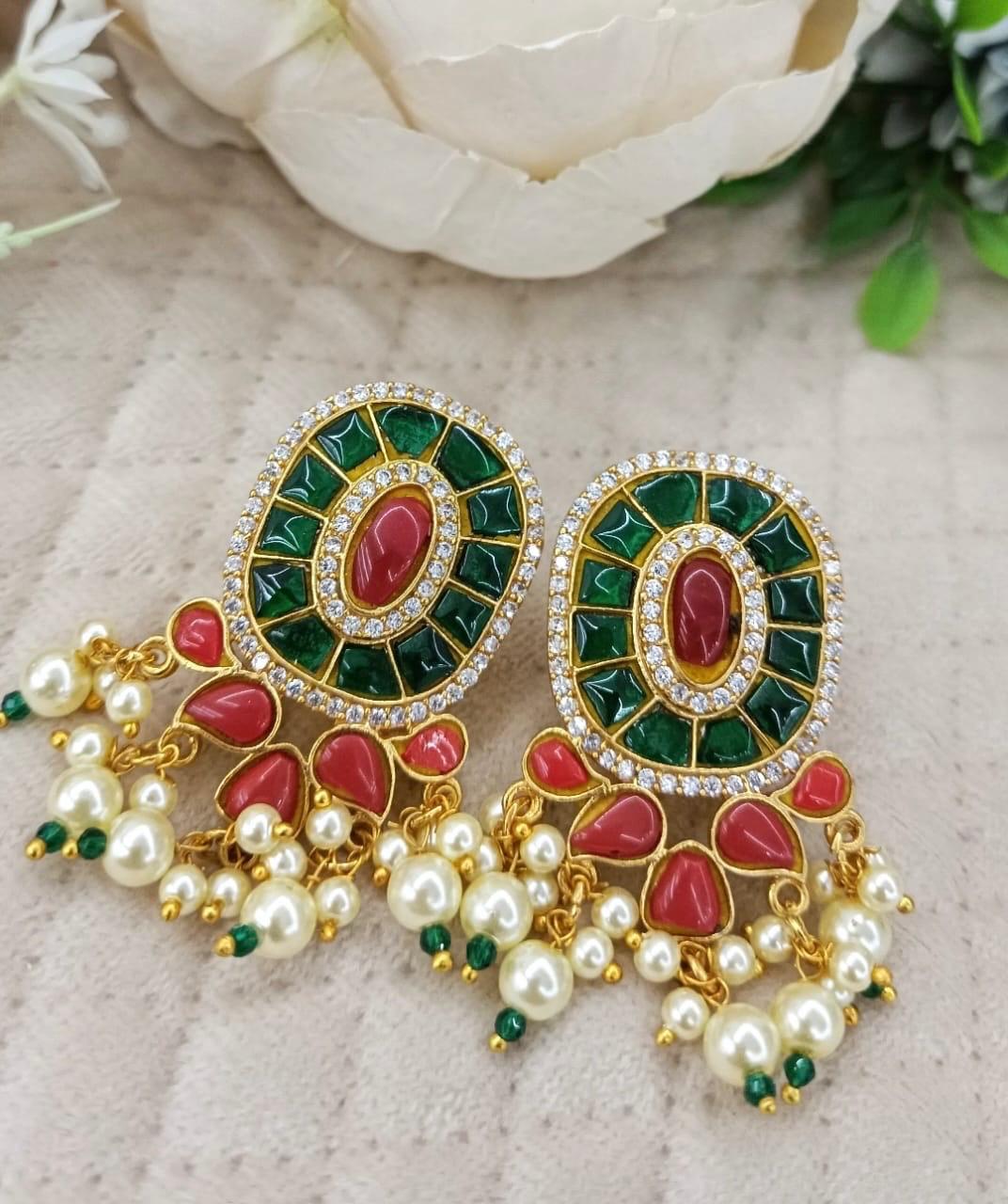 Coral Green Gold Plated Jadau Earrings