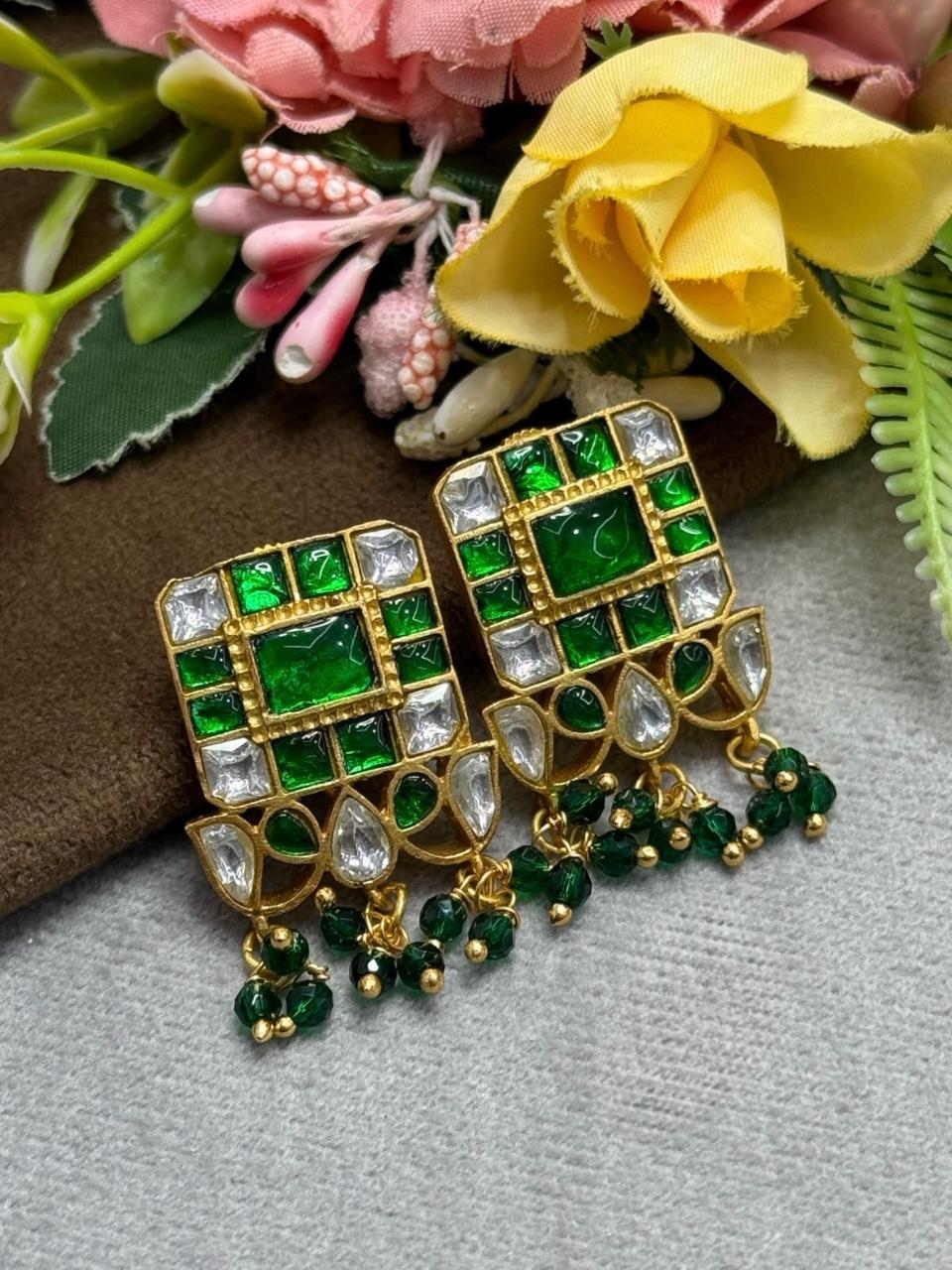 Green Jadau Kundan Studs