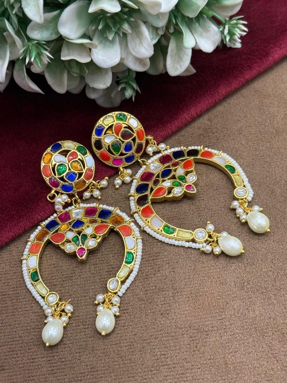 Jadau Navratan Chandbali Earring