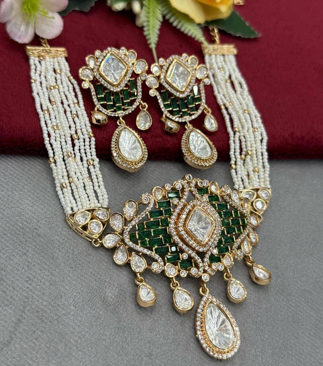 Green Polki Gold Plated Choker
