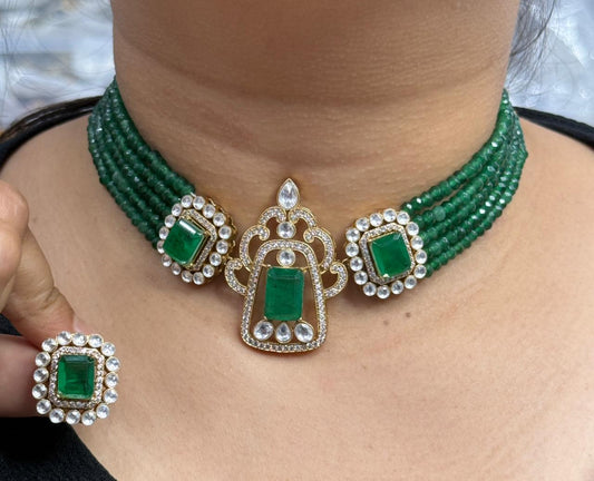 Emerald Green Beaded Kundan Doublets Choker