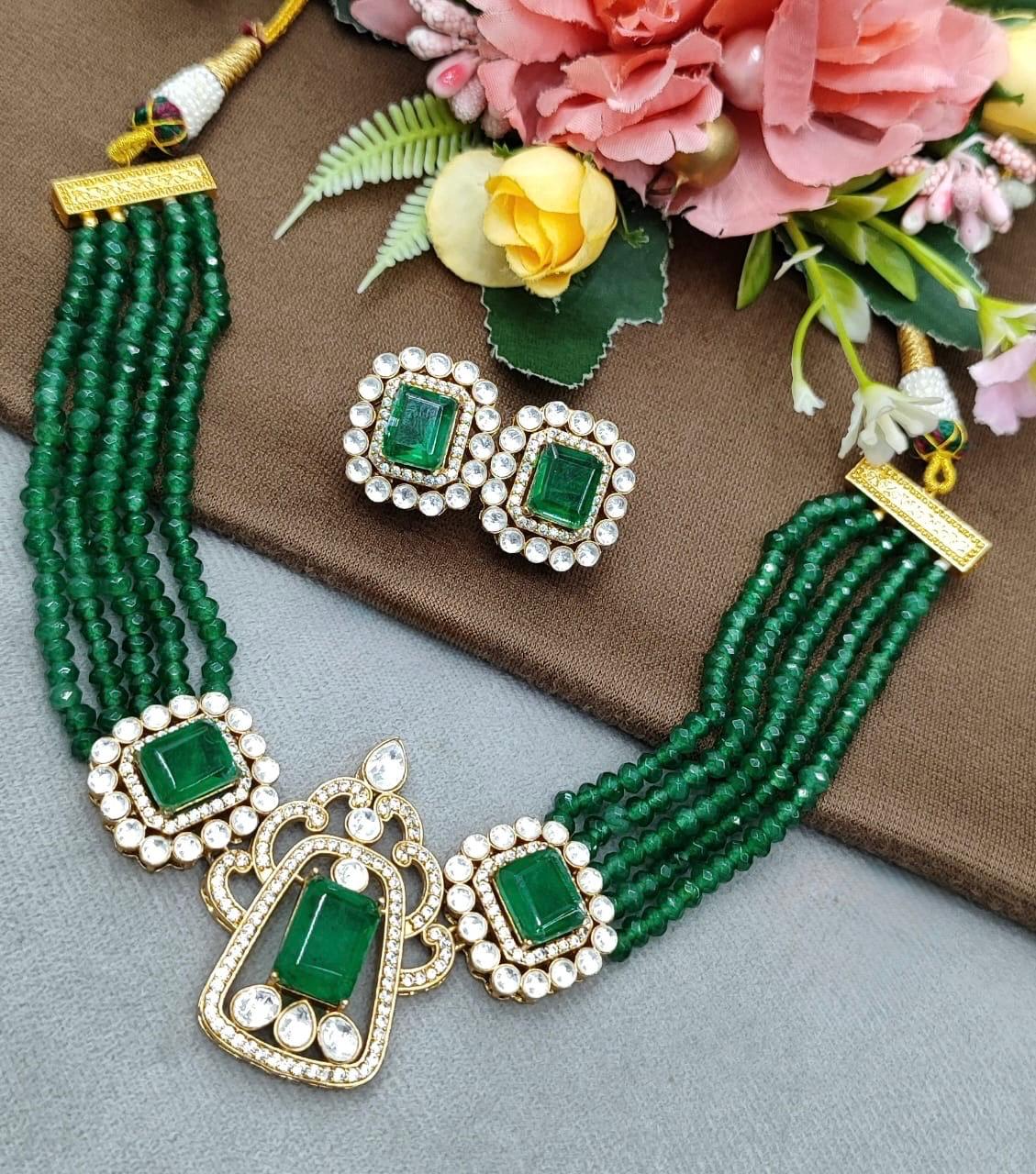 Emerald Green Beaded Kundan Doublets Choker