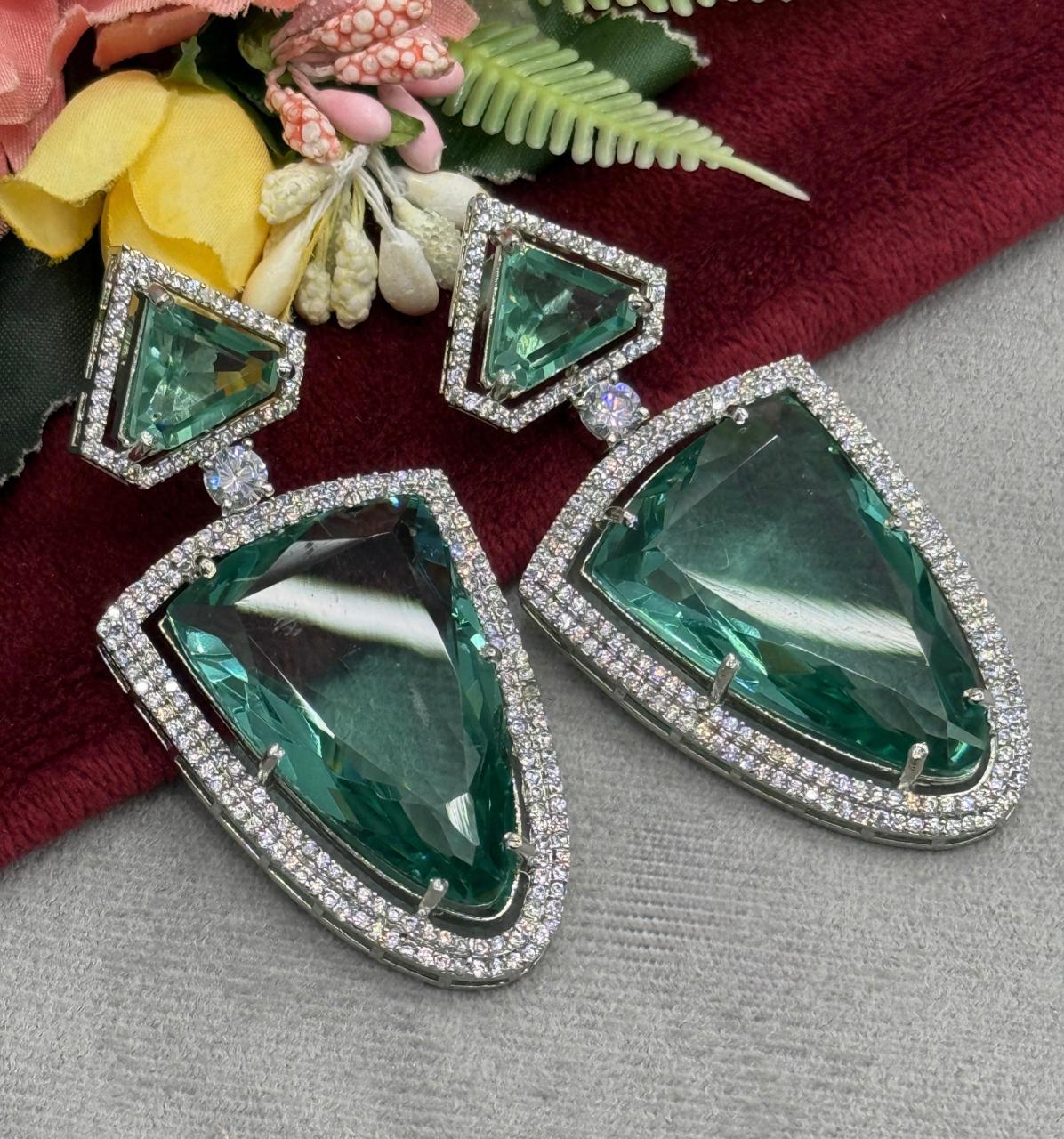 Trendy Doublet With CZ Earrings in green for woman