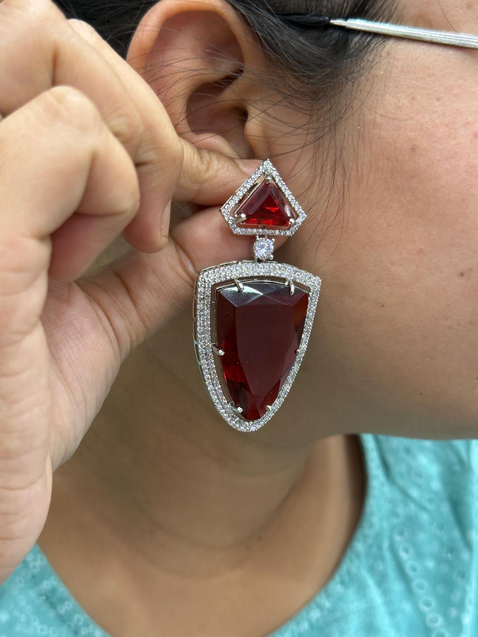 Trendy Doublet With CZ Earrings in red for woman