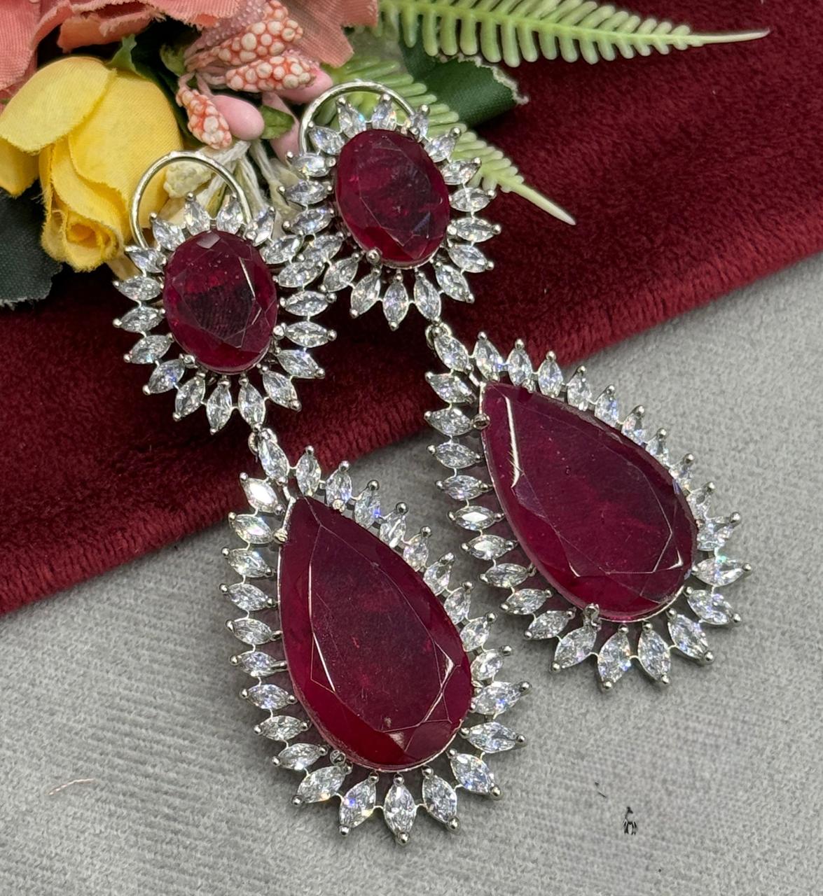 Red CZ Doublets Long Earrings