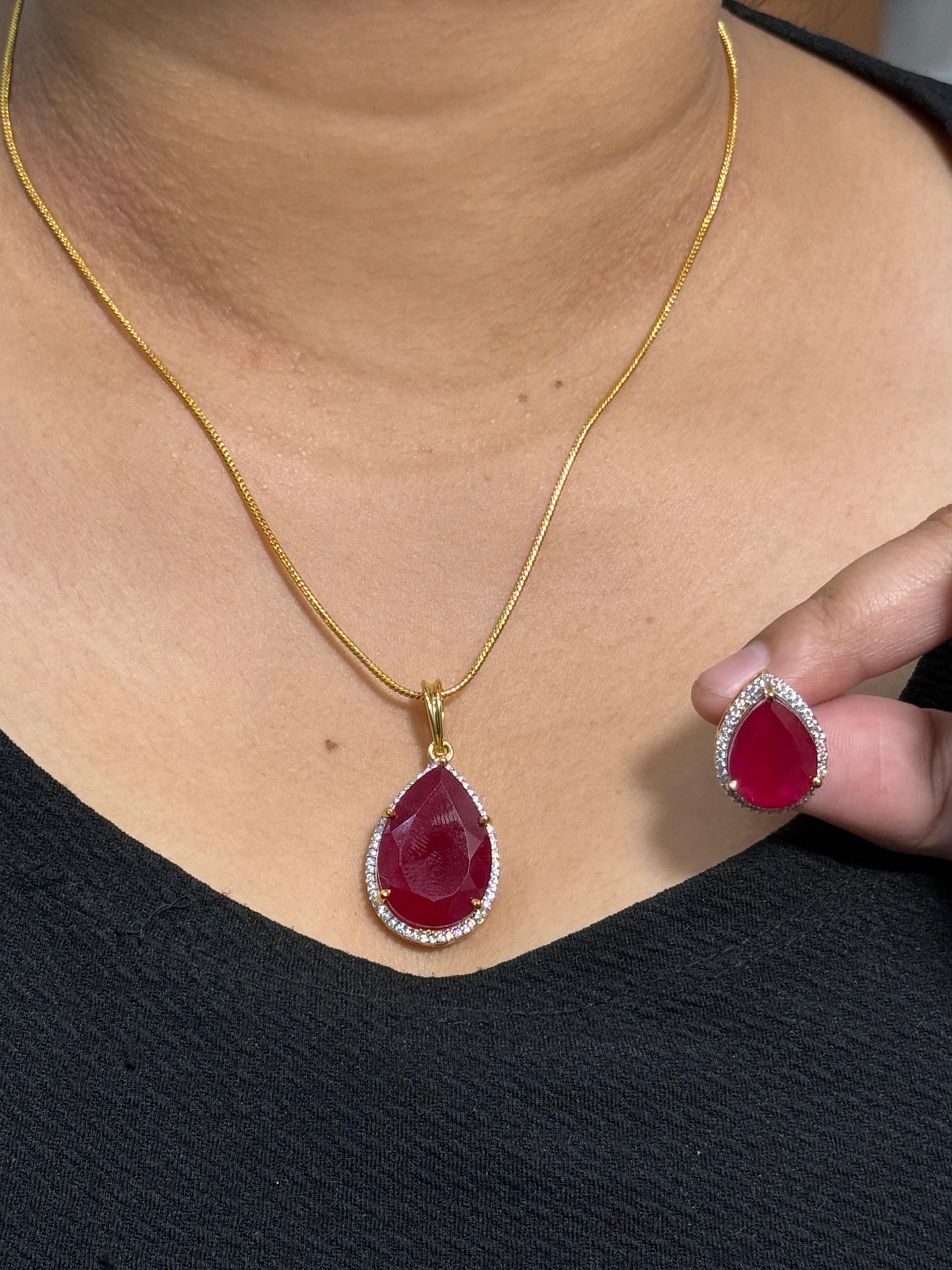 Ruby Doublet Gold Cz Pendent Set