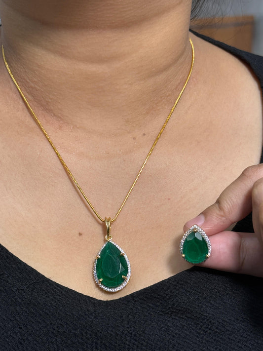 Green Doublet Gold Cz Pendent Set