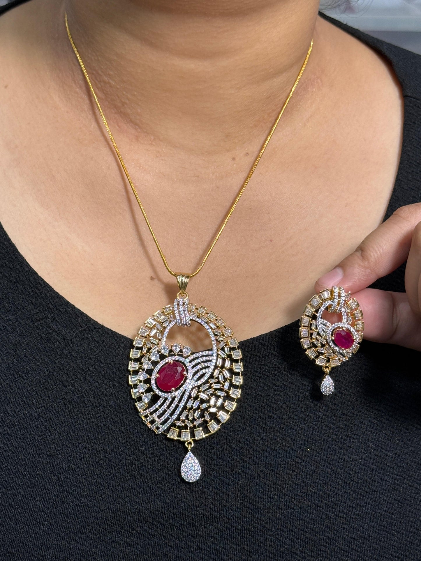 Red Cz Gold Pendent Set