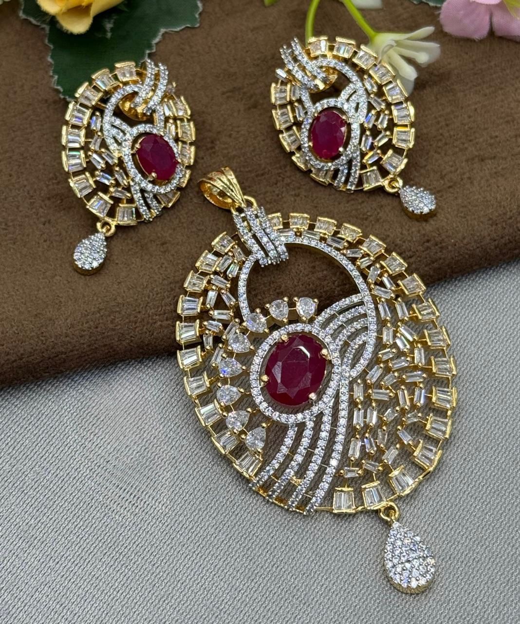 Red Cz Gold Pendent Set