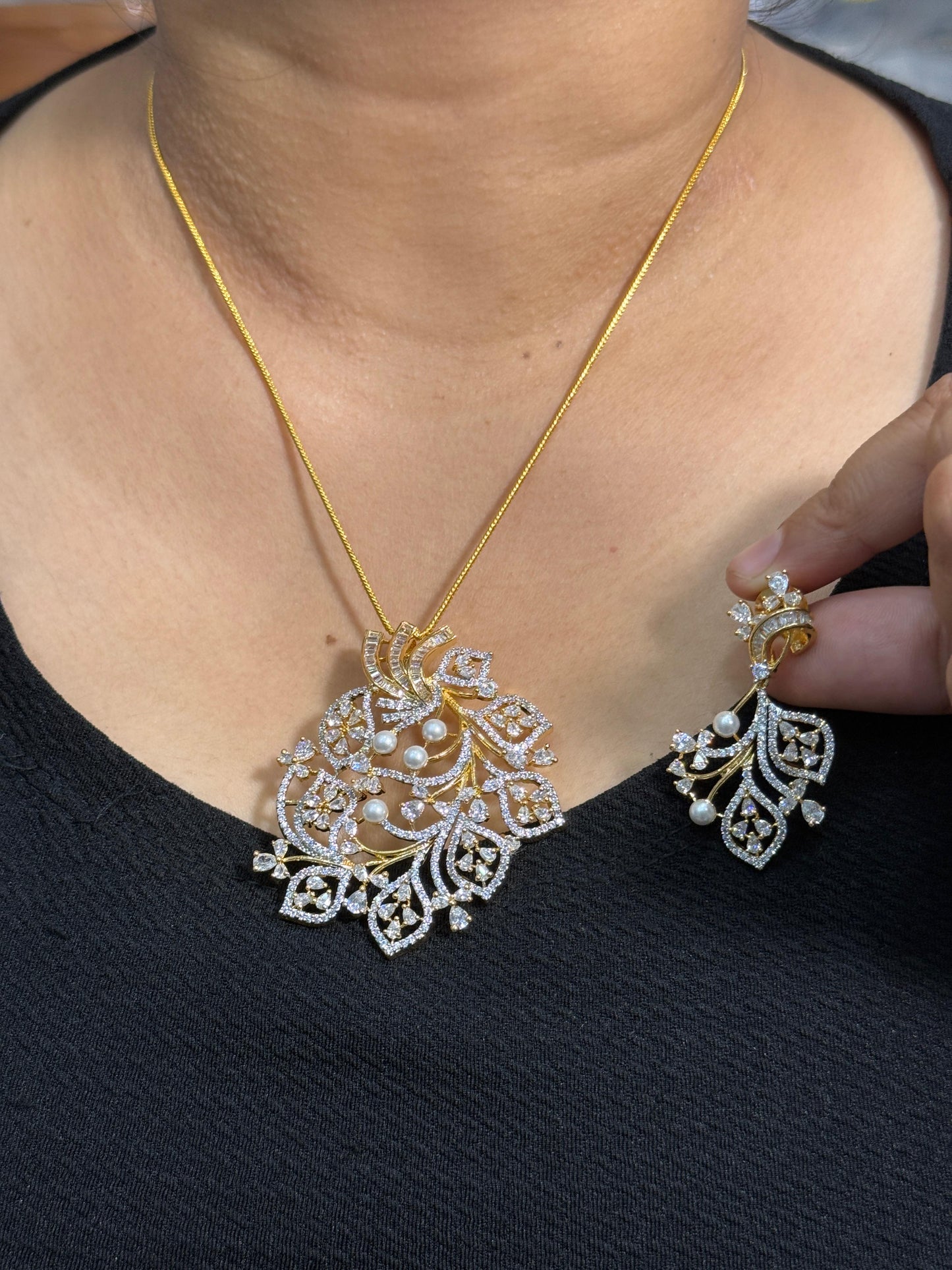 Pearl Gold Cz Pendent Set