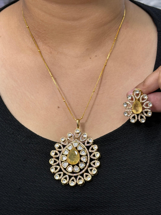 Yellow Doublet Kundan Pendant Set