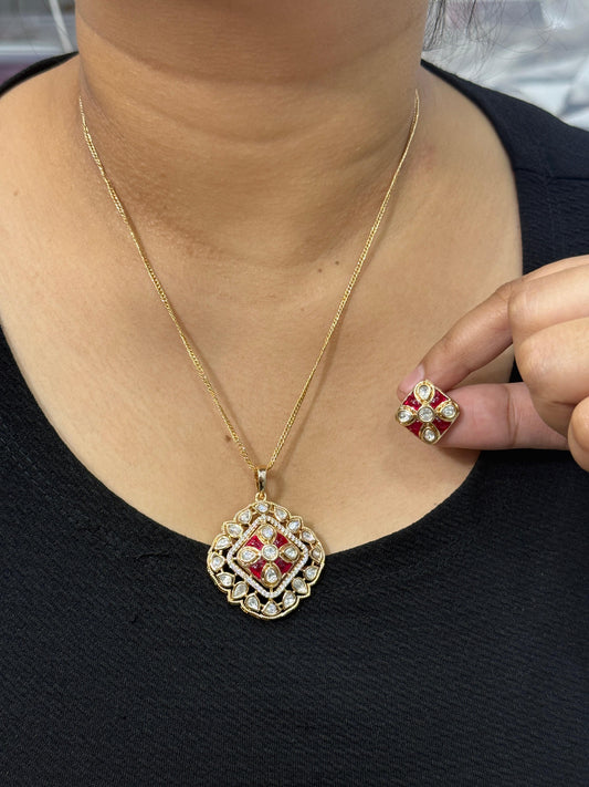 Red Meenakari Kundan Pendant Set