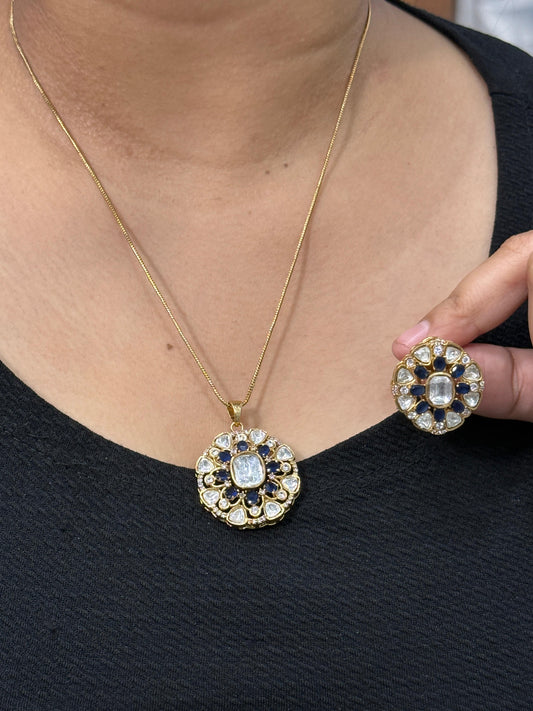 Kajal Blue Sunheri Kundan Pendant Set