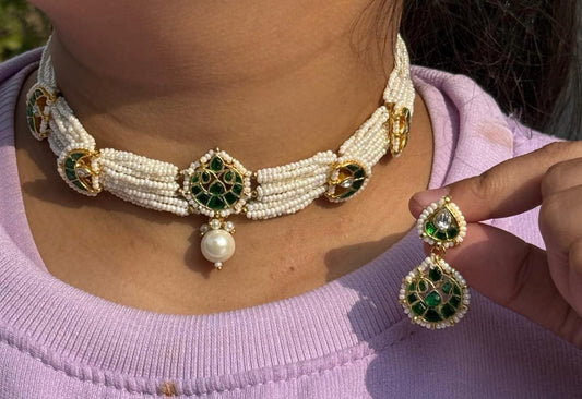 Rice Pearl Beading With Paachi Motives Necklace