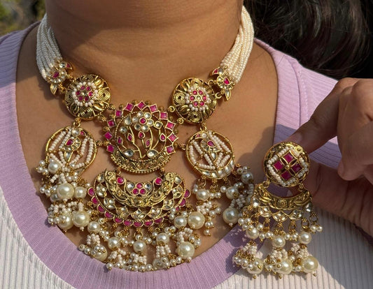 Heavy Paachi Kundan Nrckalce With Stones And Beading