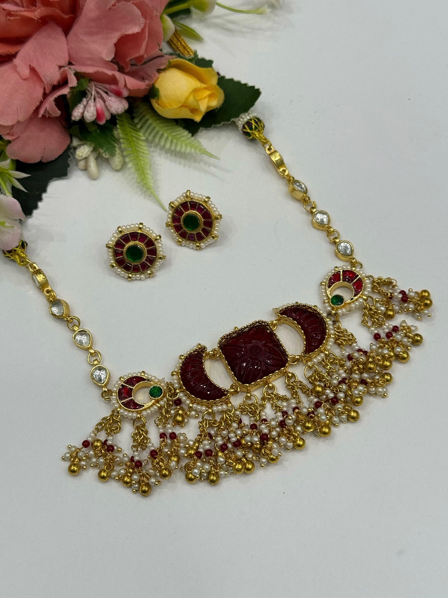 Carved Stone Choker With Pearl Beading