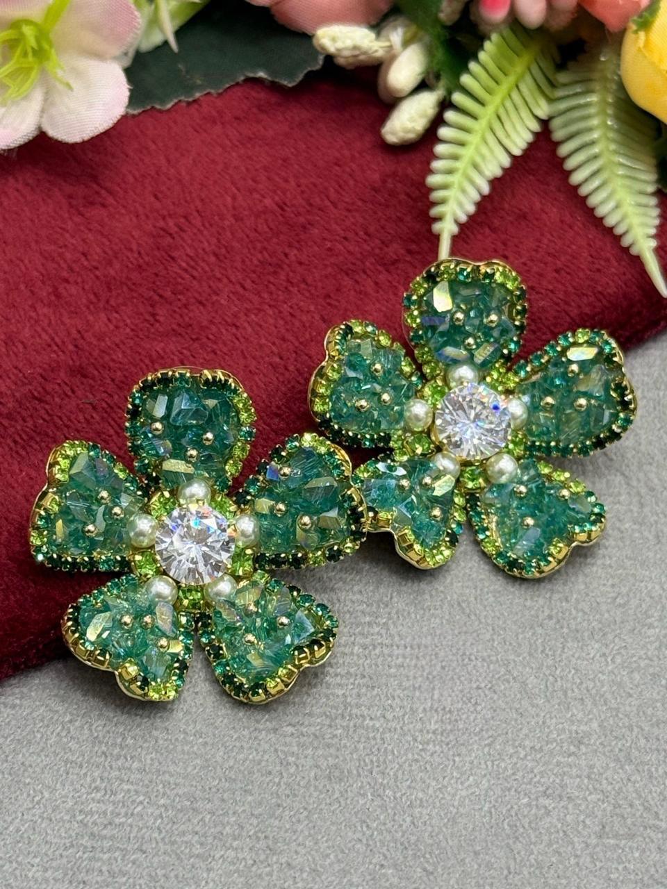 Green Shiny Floral Oversized Studs