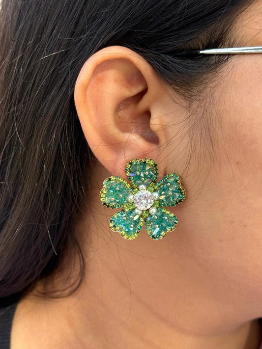 Green Shiny Floral Oversized Studs